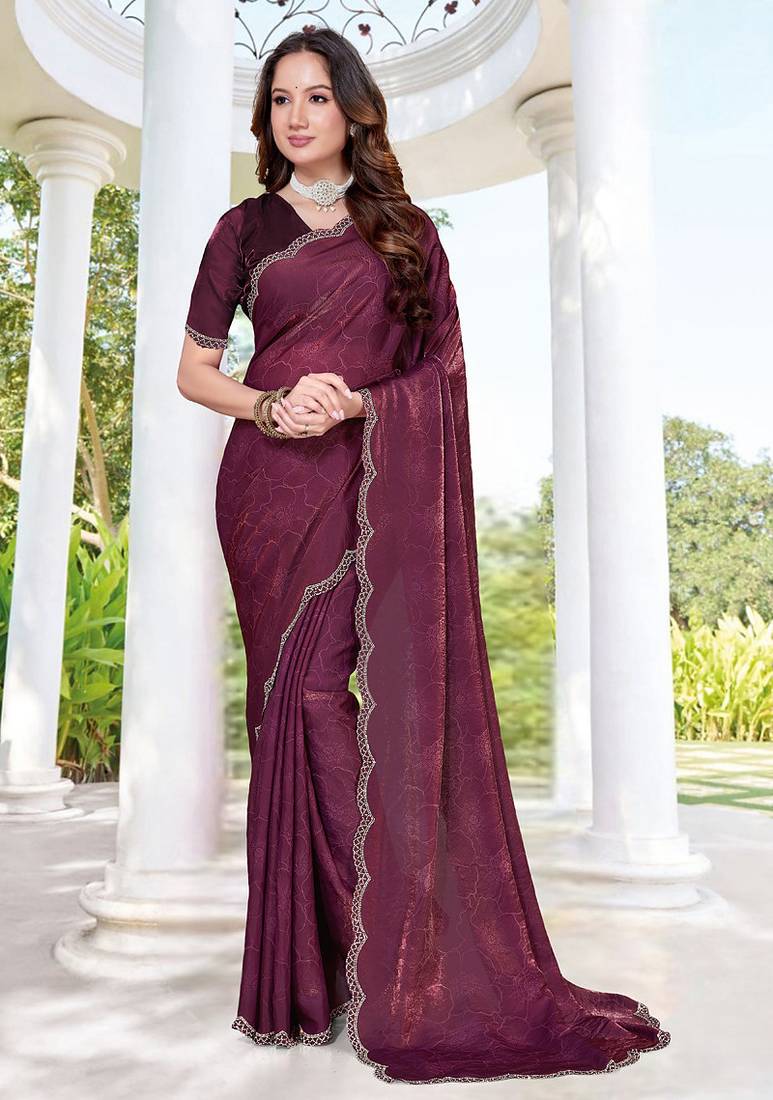 designer wine handwork zarkan border silk blend saree