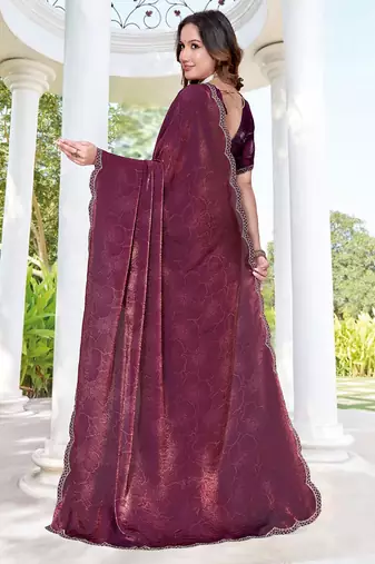 designer wine handwork zarkan border silk blend saree