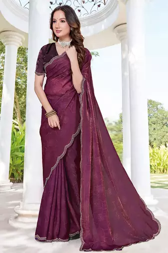 designer wine handwork zarkan border silk blend saree