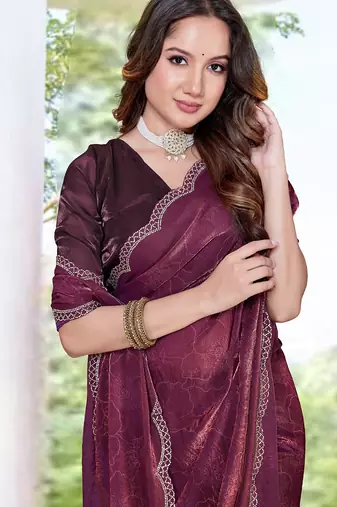 designer wine handwork zarkan border silk blend saree