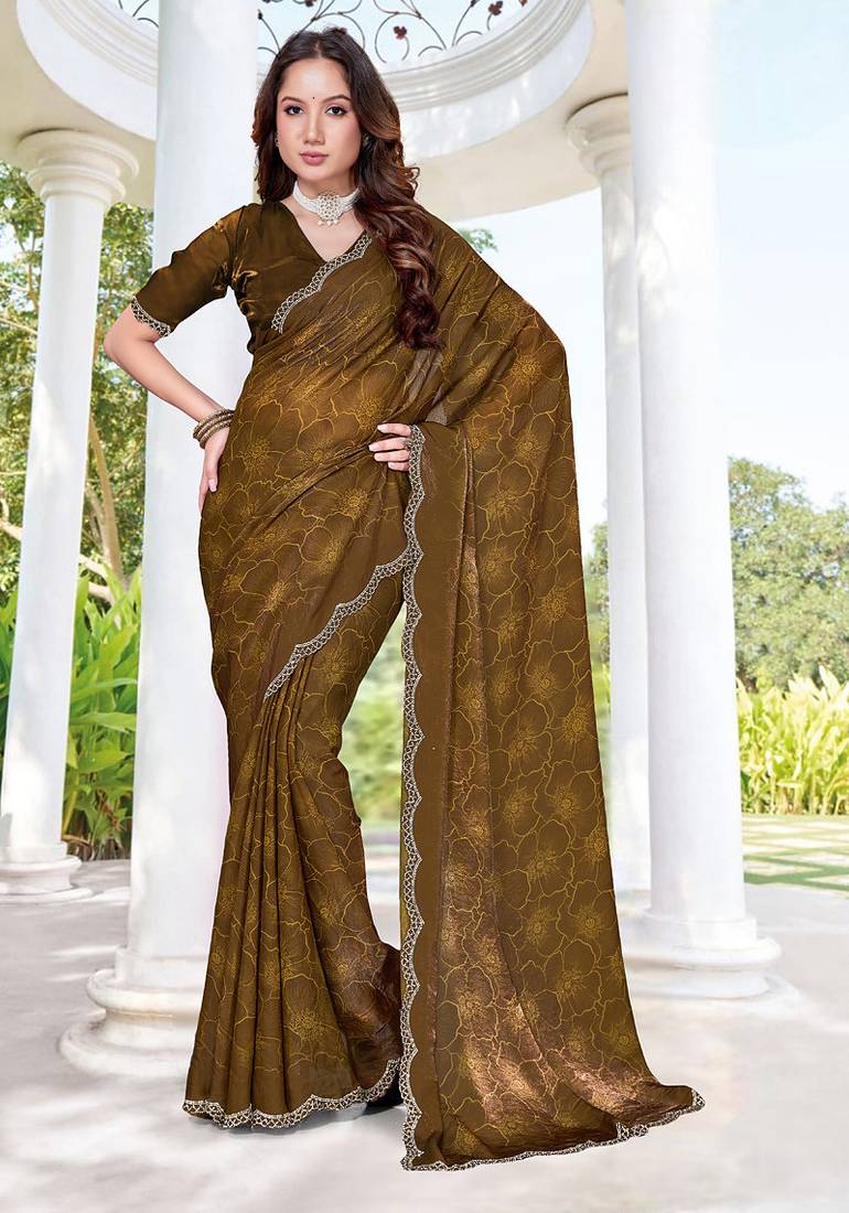 designer mustard handwork zarkan border silk blend saree