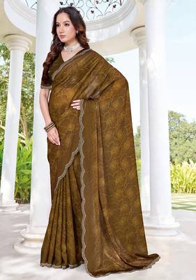 designer mustard handwork zarkan border silk blend saree 3
