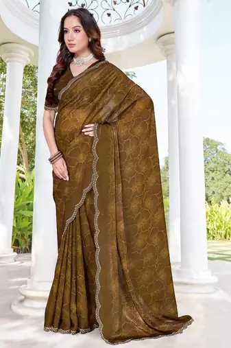 designer mustard handwork zarkan border silk blend saree