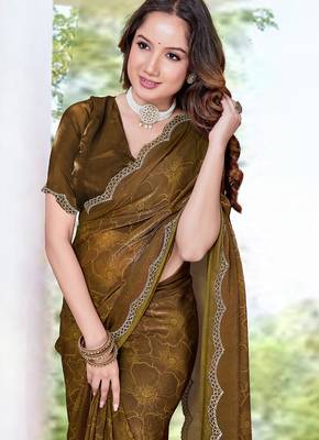 designer mustard handwork zarkan border silk blend saree 4