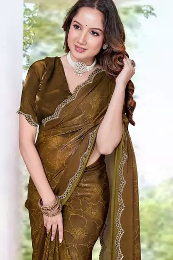 designer mustard handwork zarkan border silk blend saree