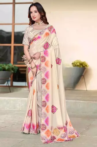 designer cream heavy zarkan butta border work silk blend saree