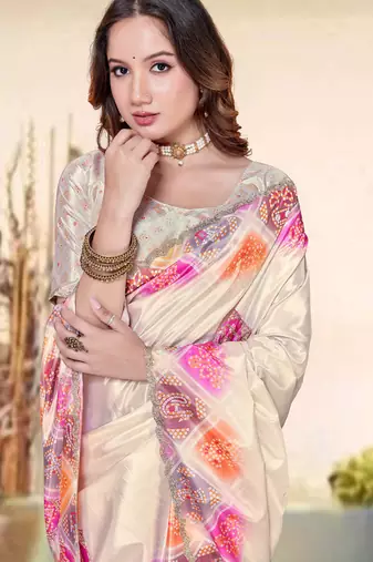 designer cream heavy zarkan butta border work silk blend saree
