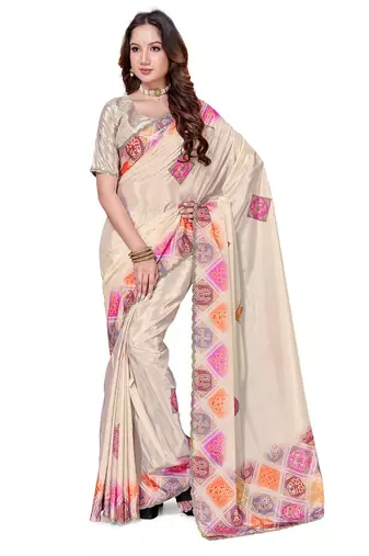 designer cream heavy zarkan butta border work silk blend saree