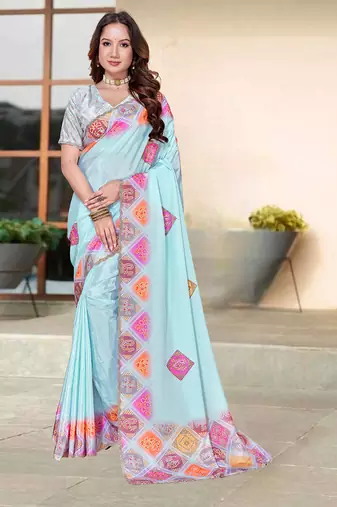 designer sky blue heavy zarkan butta border work silk blend saree