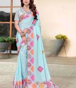 designer sky blue heavy zarkan butta border work silk blend saree