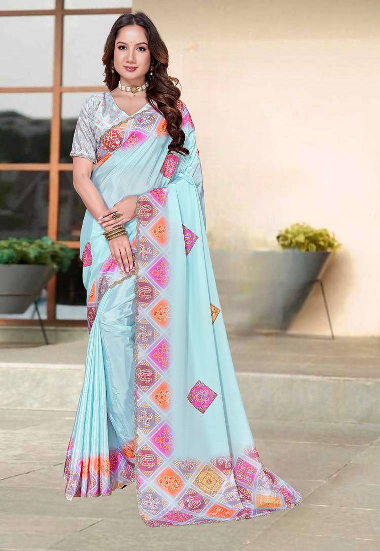 designer sky blue heavy zarkan butta border work silk blend saree
