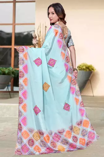 designer sky blue heavy zarkan butta border work silk blend saree
