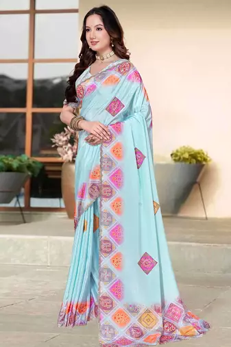 designer sky blue heavy zarkan butta border work silk blend saree