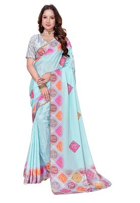 designer sky blue heavy zarkan butta border work silk blend saree 5