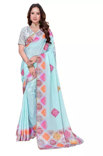 designer sky blue heavy zarkan butta border work silk blend saree