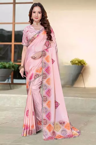 designer peach heavy zarkan butta border work silk blend saree