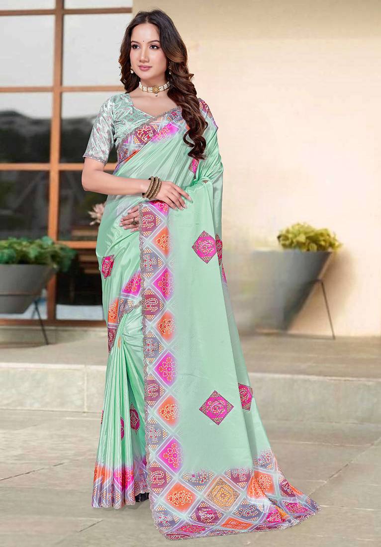 designer sea green heavy zarkan butta border work silk blend saree
