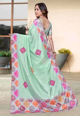 designer sea green heavy zarkan butta border work silk blend saree 2