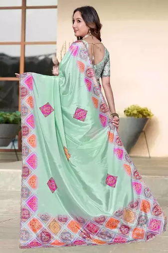 designer sea green heavy zarkan butta border work silk blend saree