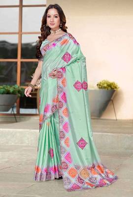 designer sea green heavy zarkan butta border work silk blend saree 3