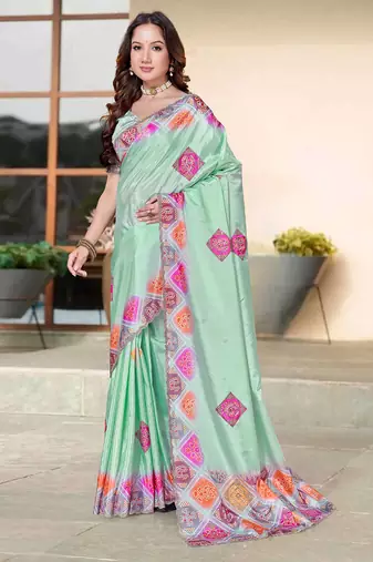 designer sea green heavy zarkan butta border work silk blend saree