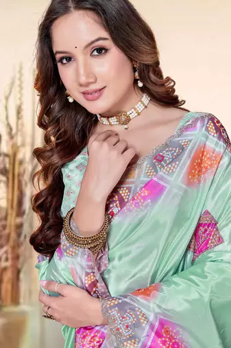 designer sea green heavy zarkan butta border work silk blend saree