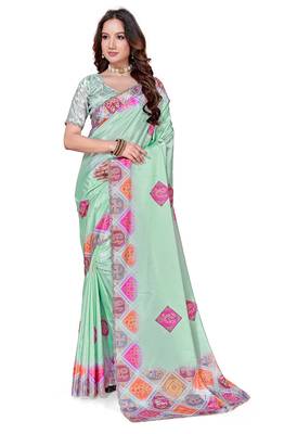 designer sea green heavy zarkan butta border work silk blend saree 5