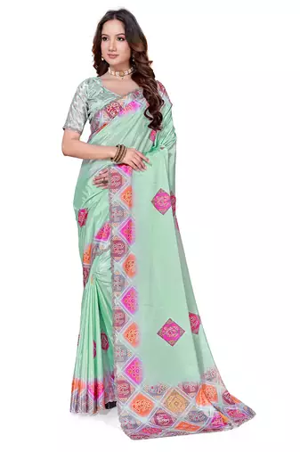designer sea green heavy zarkan butta border work silk blend saree
