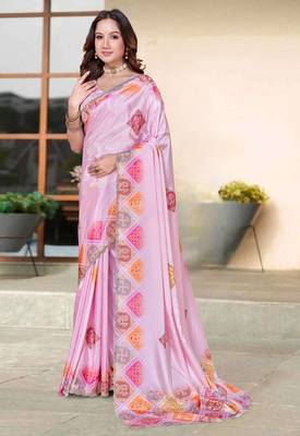 designer pink heavy zarkan butta border work silk blend saree 1