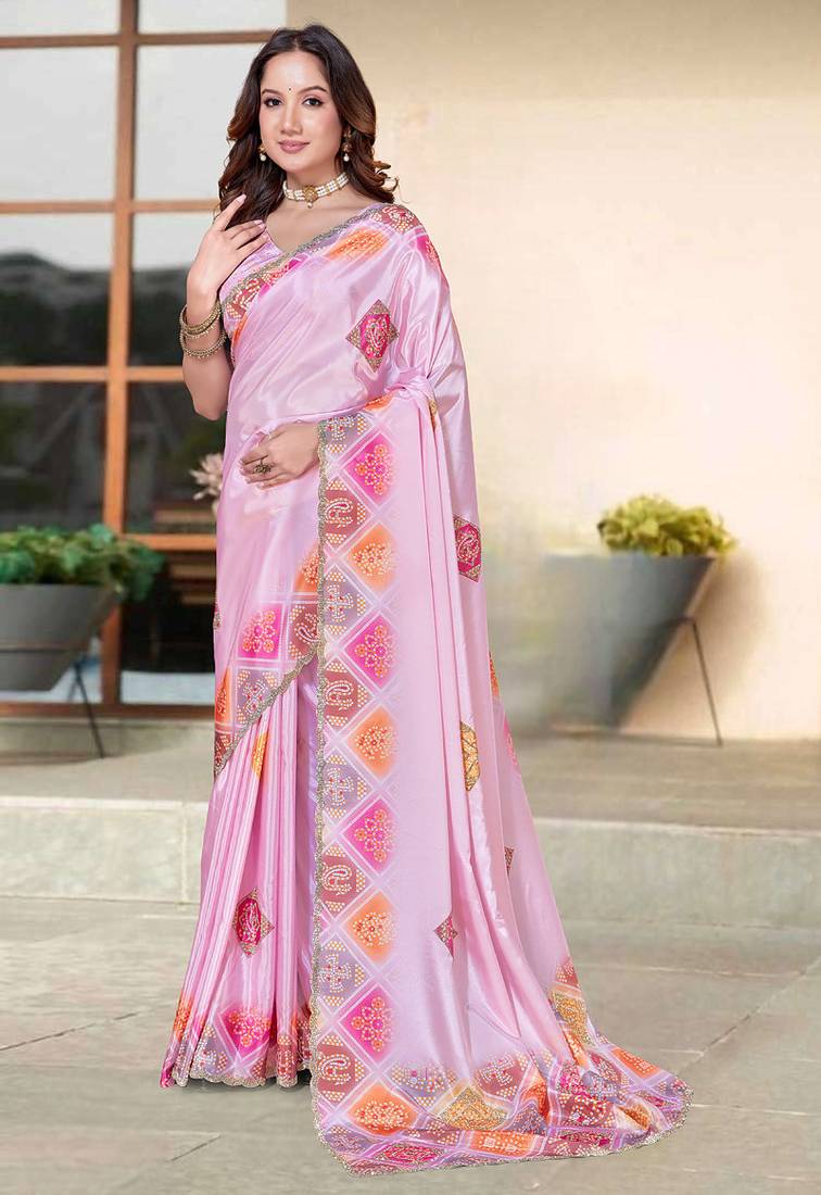 designer pink heavy zarkan butta border work silk blend saree