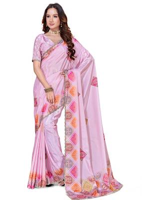 designer pink heavy zarkan butta border work silk blend saree 5