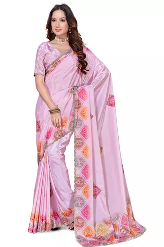 designer pink heavy zarkan butta border work silk blend saree