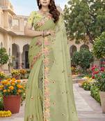 indian pista green resham embroidery work silk blend saree