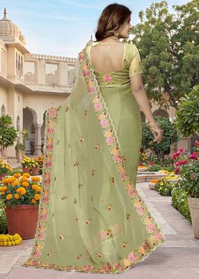 indian pista green resham embroidery work silk blend saree 2