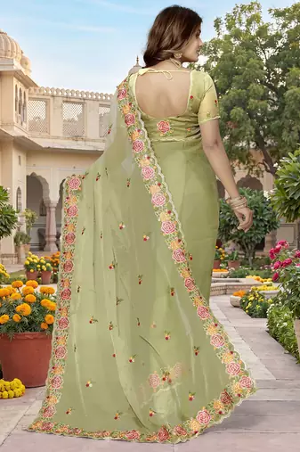 indian pista green resham embroidery work silk blend saree
