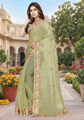 indian pista green resham embroidery work silk blend saree 3