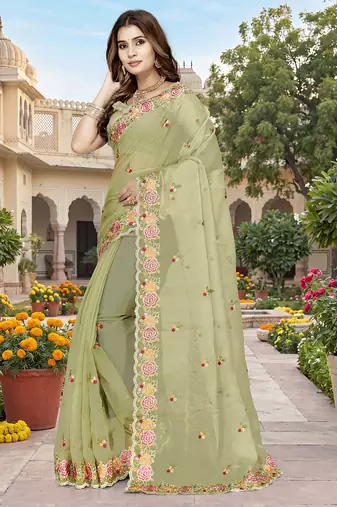 indian pista green resham embroidery work silk blend saree