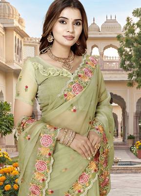 indian pista green resham embroidery work silk blend saree 4