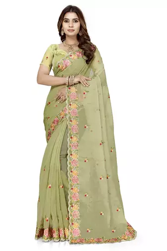 indian pista green resham embroidery work silk blend saree