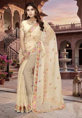 indian beige heavy resham embroidery work silk blend saree 1