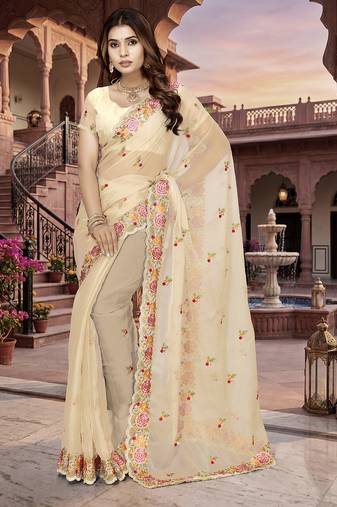 indian beige heavy resham embroidery work silk blend saree