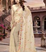 indian beige heavy resham embroidery work silk blend saree