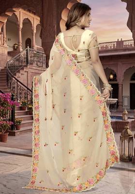 indian beige heavy resham embroidery work silk blend saree 2