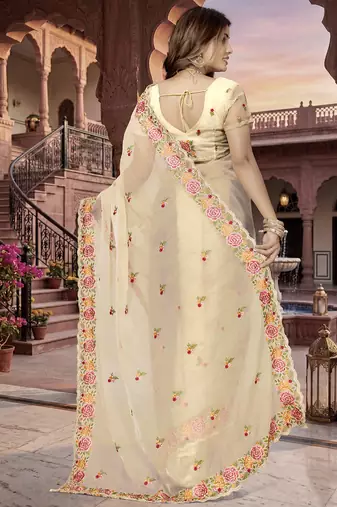 indian beige heavy resham embroidery work silk blend saree