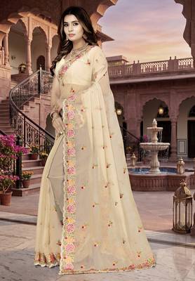 indian beige heavy resham embroidery work silk blend saree 3