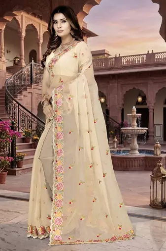 indian beige heavy resham embroidery work silk blend saree
