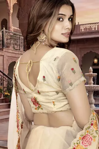 indian beige heavy resham embroidery work silk blend saree