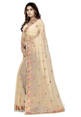 indian beige heavy resham embroidery work silk blend saree 5