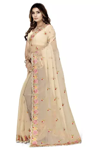 indian beige heavy resham embroidery work silk blend saree