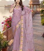 indian pink heavy resham embroidery work silk blend saree